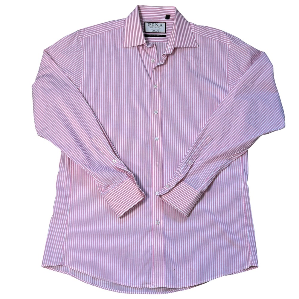 Thomas Pink Mens Slim Fit Shirt 16 41cm Pink White Striped Two Fold 100s Cotton